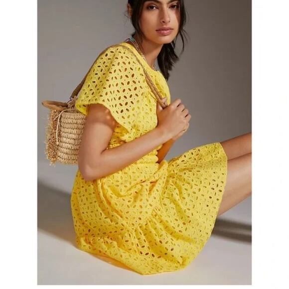 Anthropologie The Somerset Yellow Eyelet Mini Dress Small PETITE - Picture 4 of 10